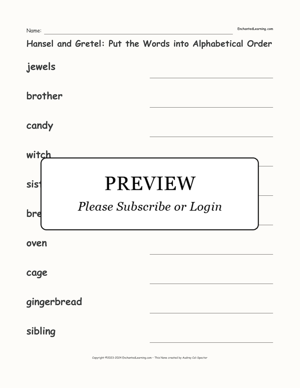 Hansel and Gretel: Put the Words into Alphabetical Order interactive worksheet page 1