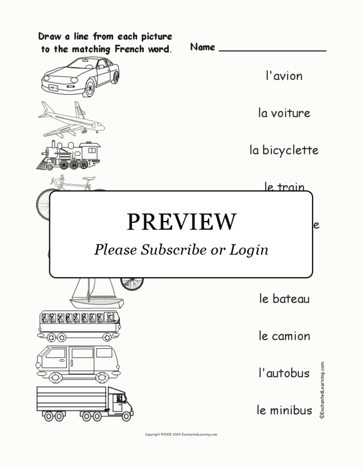 Match the French Vehicle Words to the Pictures interactive worksheet page 1