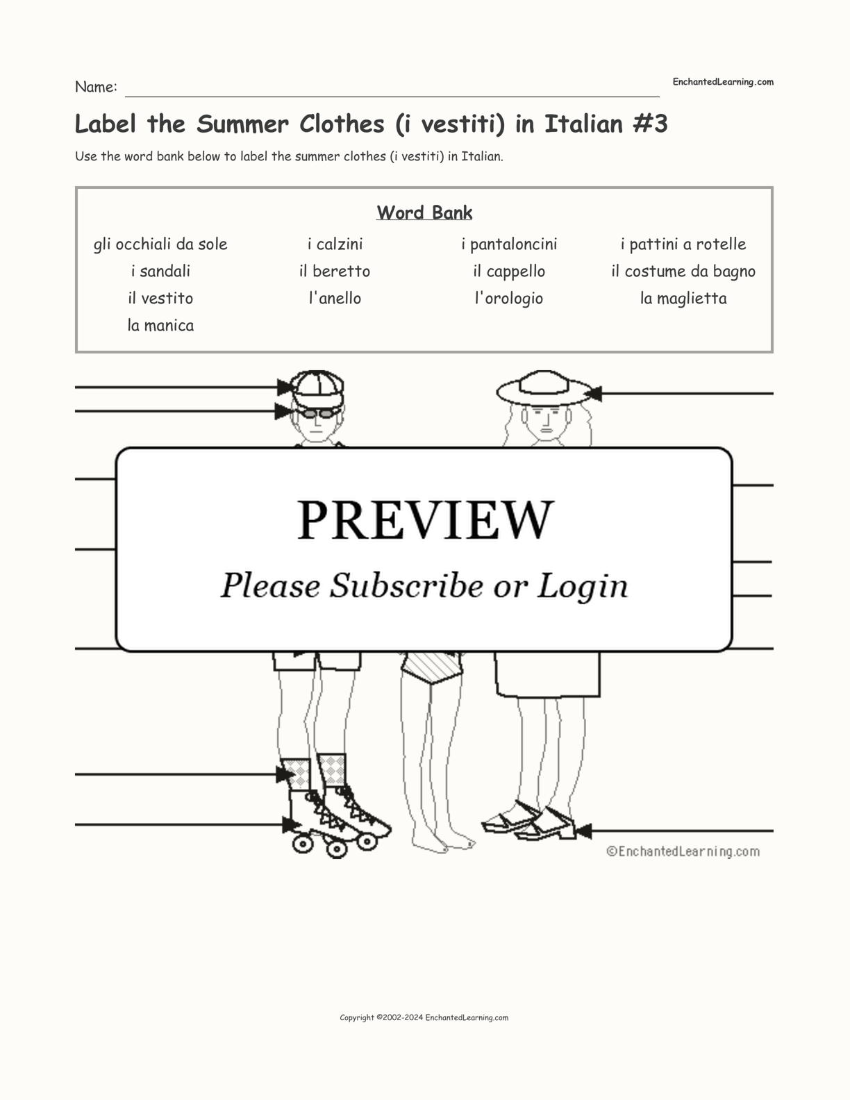 Label the Summer Clothes (i vestiti) in Italian #3 interactive worksheet page 1