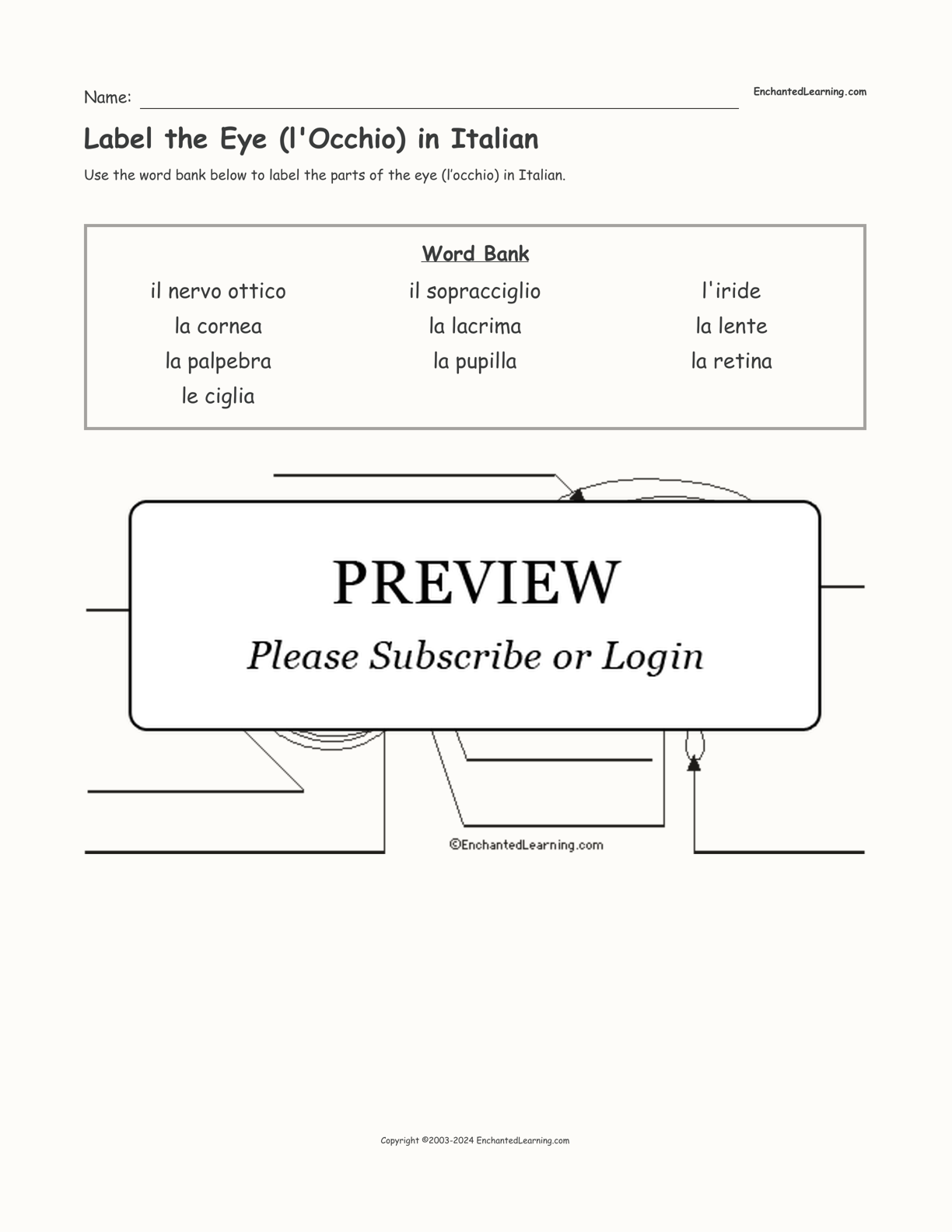 Label the Eye (l'Occhio) in Italian interactive worksheet page 1