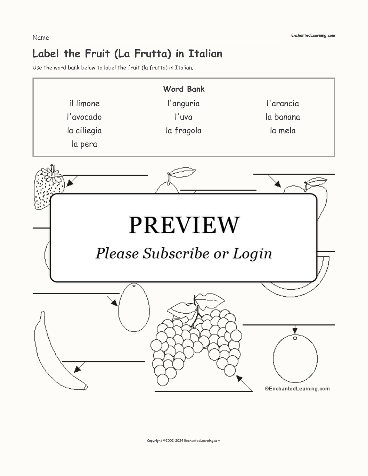 Label the Fruit (La Frutta) in Italian interactive worksheet page 1