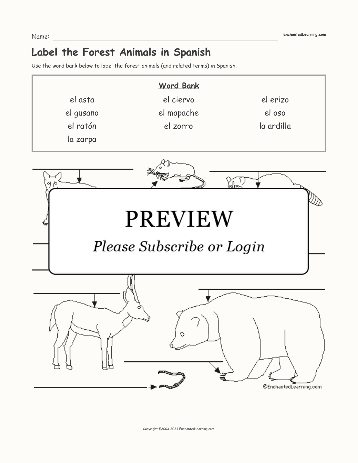 Label the Forest Animals in Spanish interactive worksheet page 1