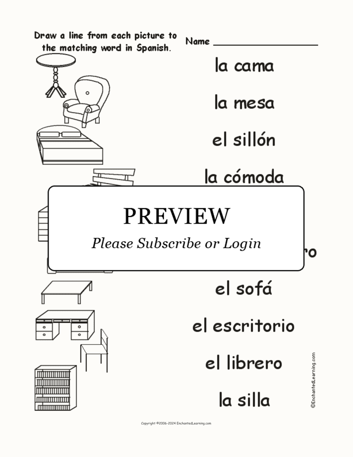 Match the Spanish Furniture Words to the Pictures interactive worksheet page 1