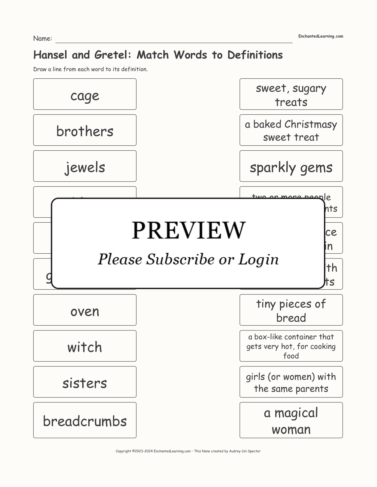 Hansel and Gretel: Match Words to Definitions interactive worksheet page 1