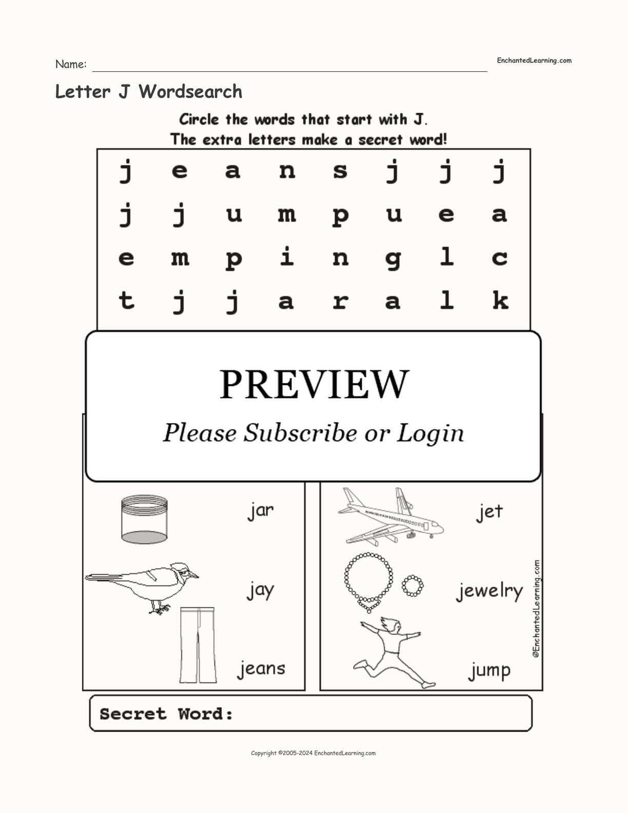 Letter J Wordsearch interactive worksheet page 1